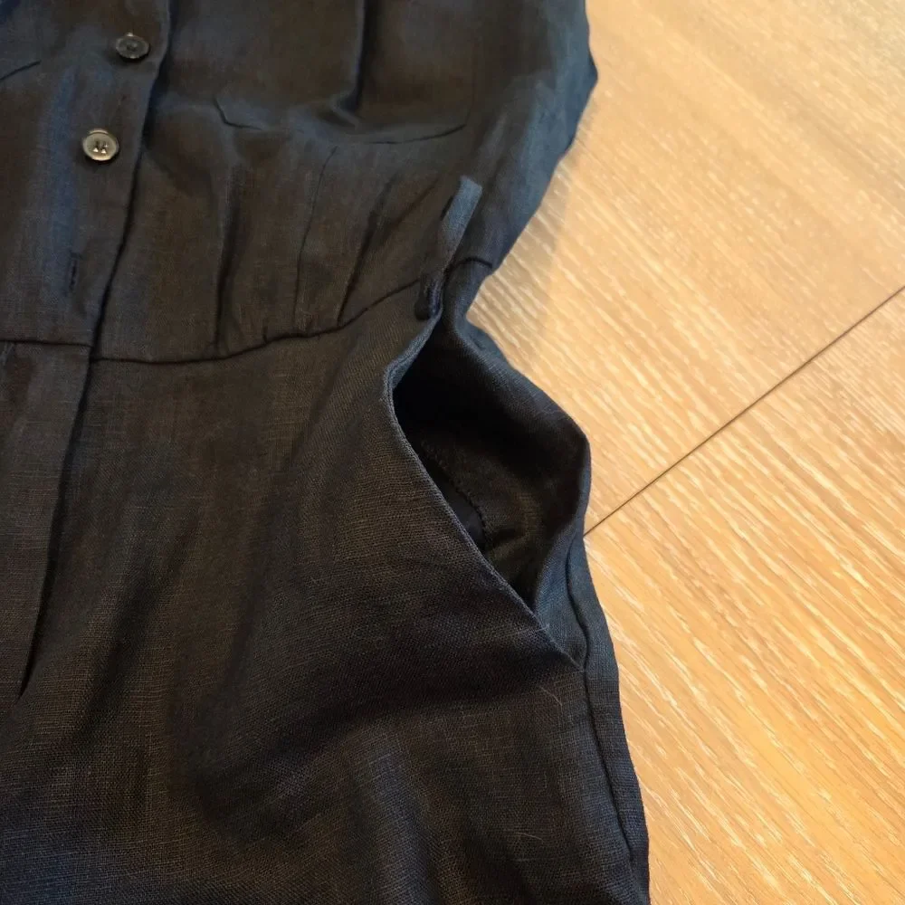 Mango Linen Women's Black Sleeveless Jumpsuit Crop Pant Button Front Pockets S
